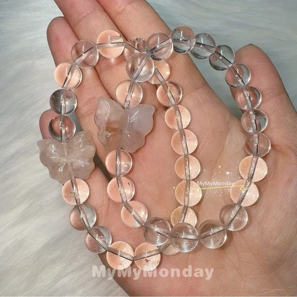 Clear Quartz with Butterfly Cherry Blossom Agate Bracelet 9mm - Picture 2 of 10